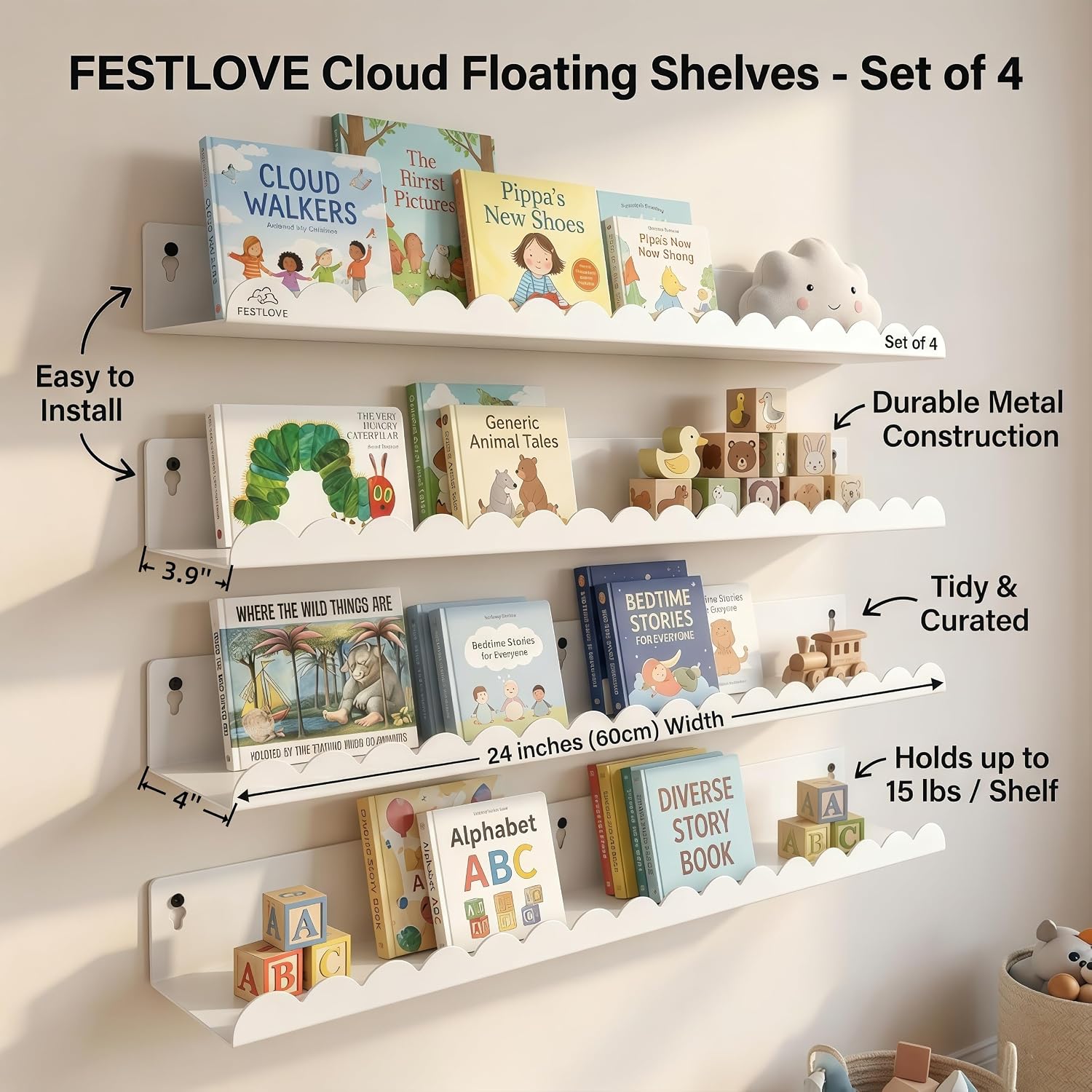 Detalle 2 de FESTLOVE shelf-01 24-Inch White Metal Cloud Floating Shelves, 4-Pack