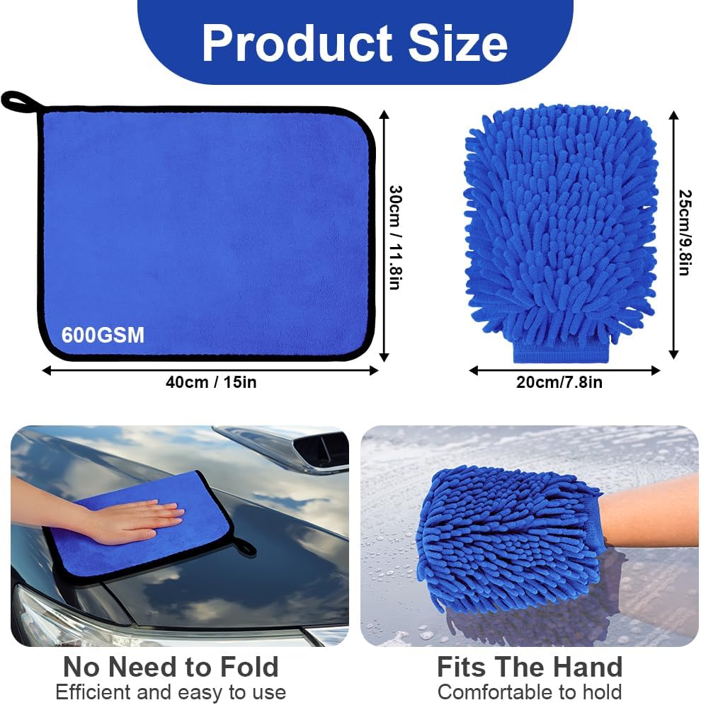 Detalle 2 de Kit di pulizia auto VSSHE: 3 panni microfibra 600 GSM e 2 guanti lavaggio per cura auto e moto