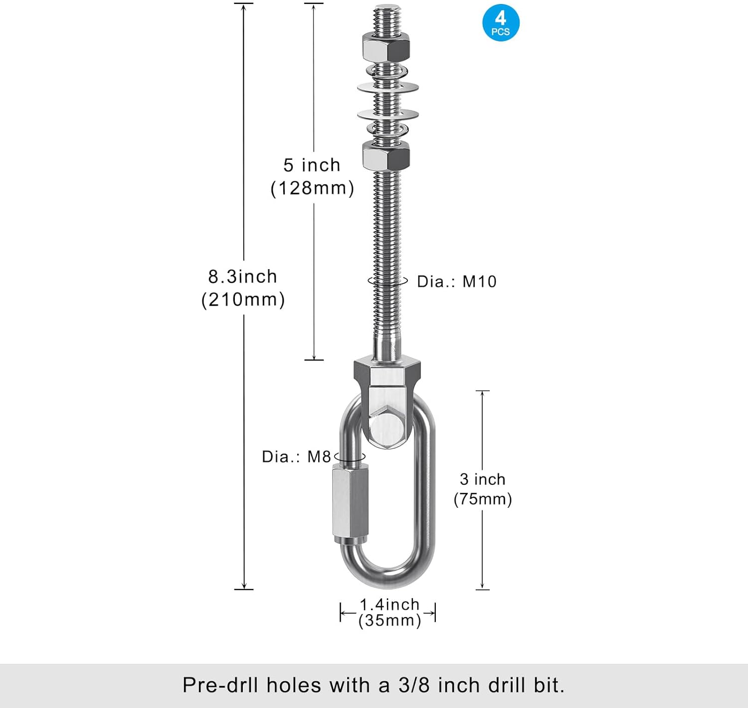 Thumbnail 4 de Dolibest 4er Schaukelhaken für Holzbalken M10 x 128 mm (Edelstahl, drehbar) inkl. Karabiner – bis 680 kg