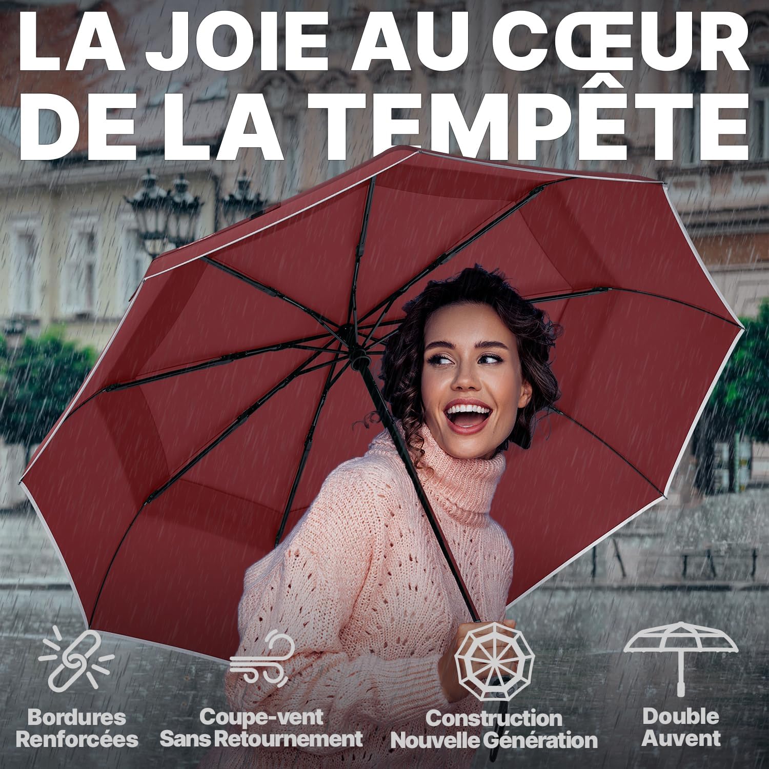 Thumbnail 3 de Royal Walk Parapluie de voyage pliable coupe-vent double auvent ventilé, manche bois véritable, rouge