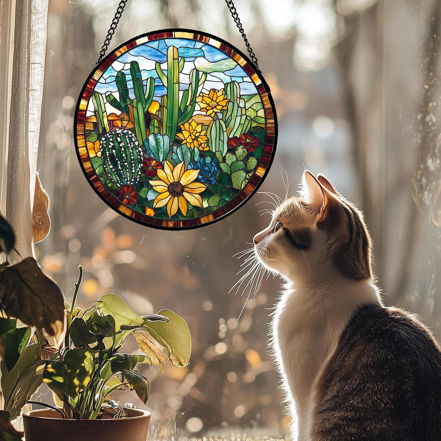 Detalle de QZQCBLC Stained Glass Cactus Suncatcher, Green with Yellow Flowers, 6.3-Inch