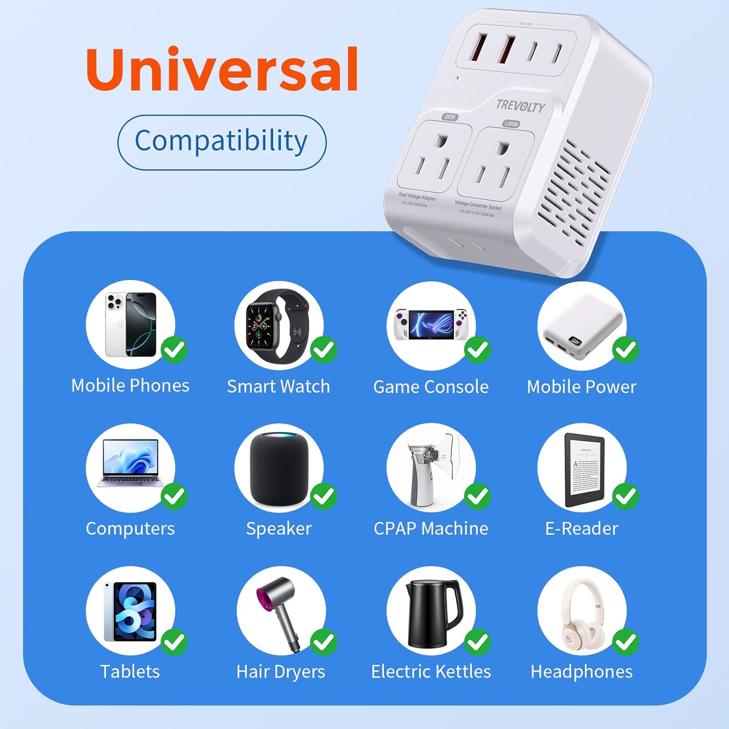Detalle de 2000W US-to-Europe Voltage Converter with 7-in-1 Travel Adapter (Type C & G) for Hair Dryers and High-Power Devices