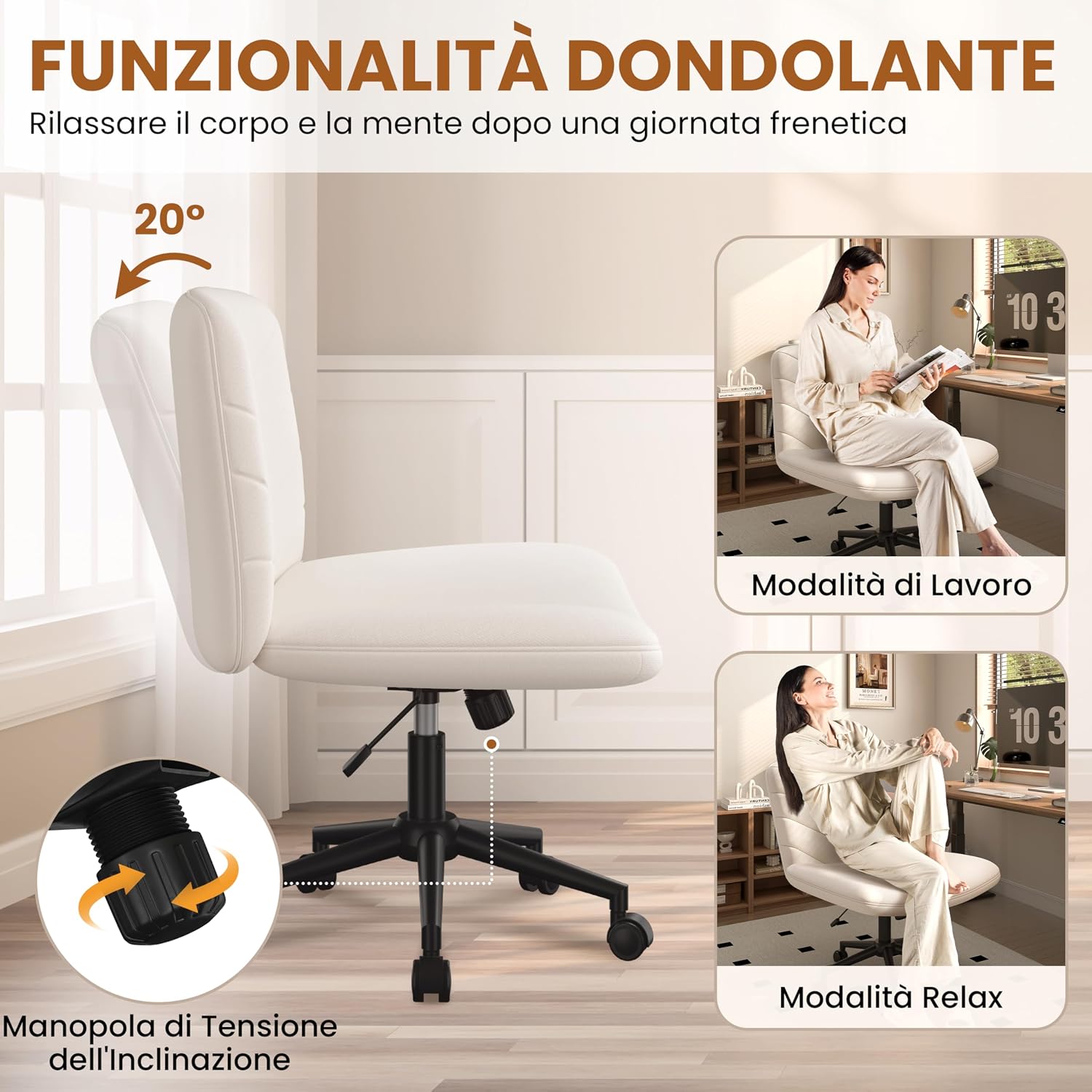 Detalle de Yaheetech sedia ufficio girevole senza braccioli in tessuto con schienale reclinabile e altezza regolabile (beige)