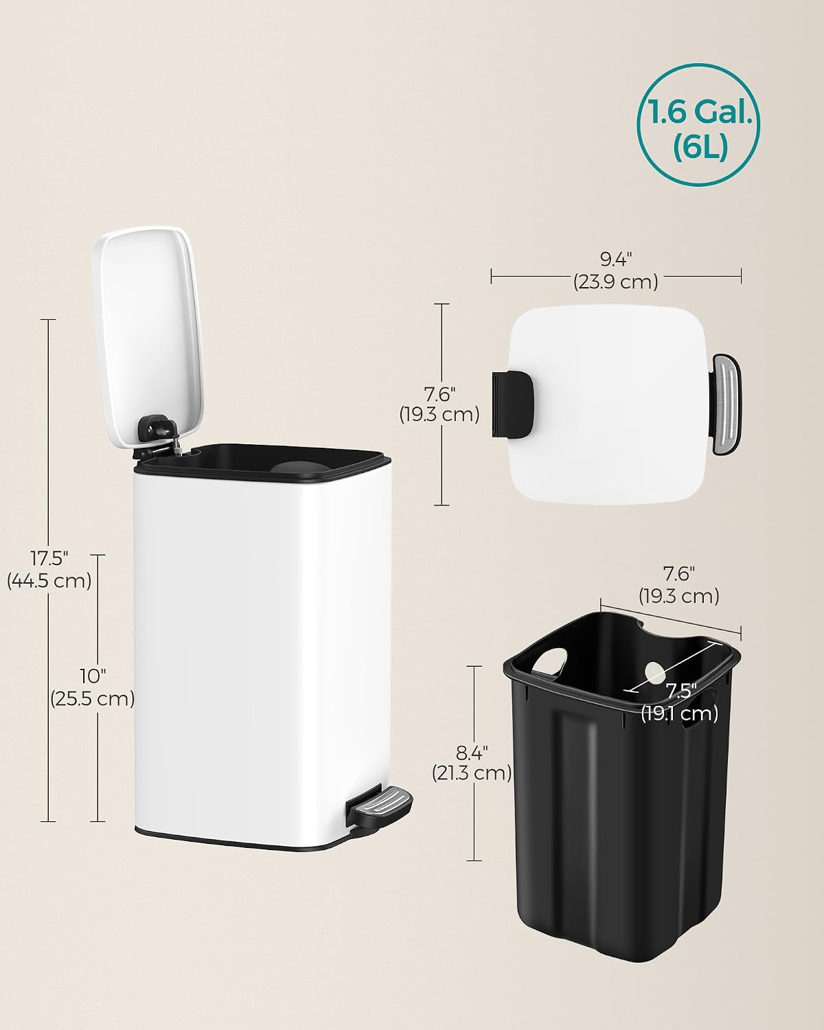 Thumbnail 4 de SONGMICS LTB591W0802 pedalhink, 8 liter, vit med mjukstängande lock