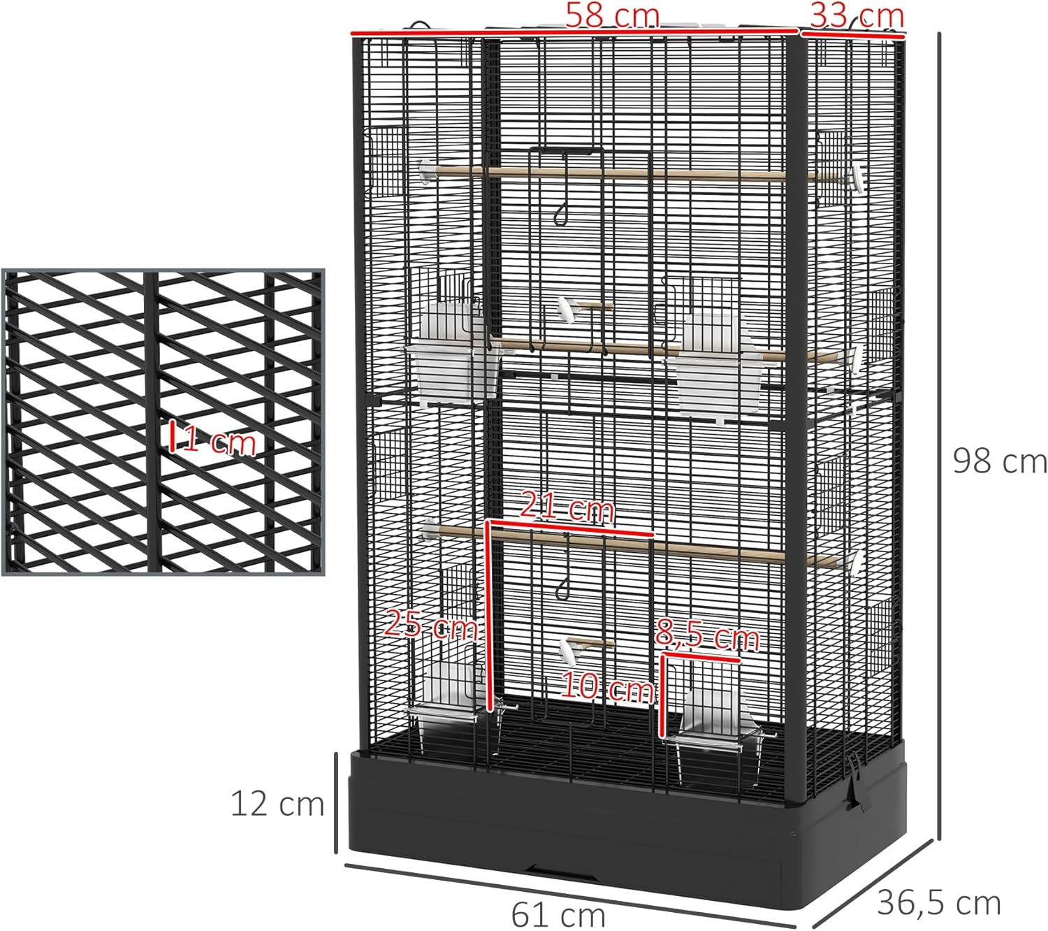 Thumbnail 6 de PawHut Cage à Oiseaux avec portes et perchoirs (61 x 36,5 x 98 cm) – Noir