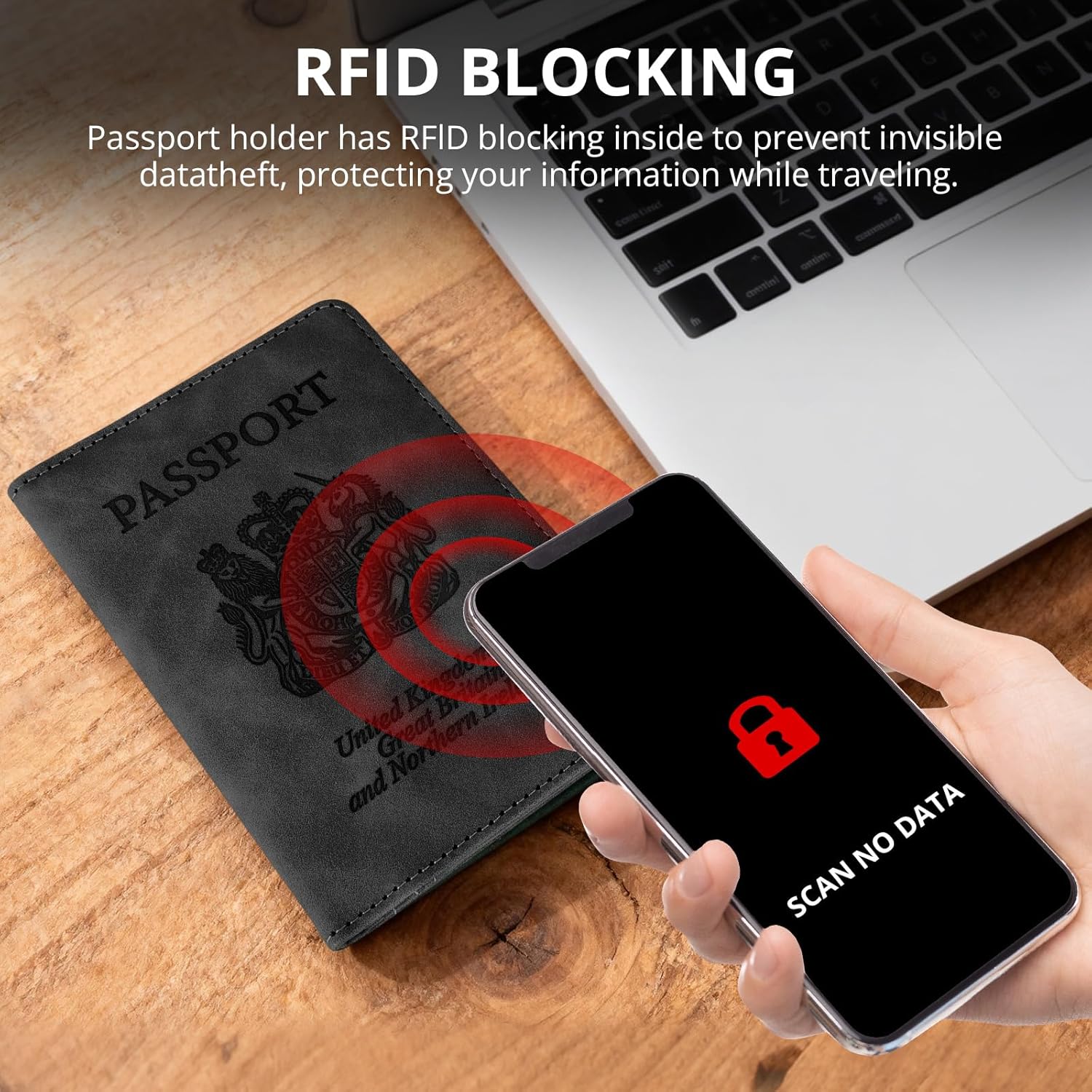 Detalle de Cinocratic RFID Blocking PU Leather Passport Holder – Black travel wallet for passports, cards & tickets