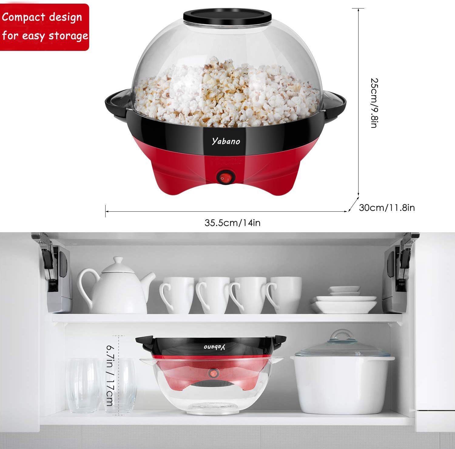 Thumbnail 6 de Yabano Popcorn Maker Machine (5L) with electric stirring, nonstick plate and cool-touch handles – 800W, Red