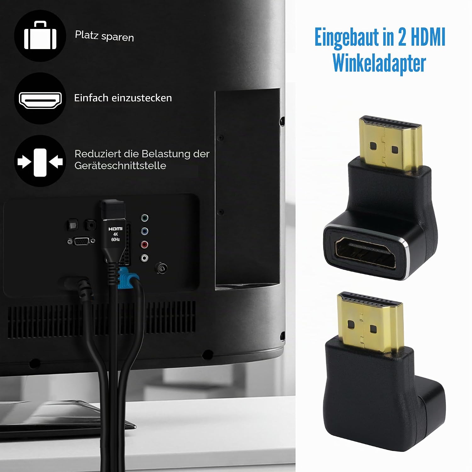 Detalle de Mygatti 4K Ultra HD HDMI 2.0 Kabel-Set (5 m, 5 Stück) mit rechtwinkligen Adaptern, vergoldeten Anschlüssen und Zubehör