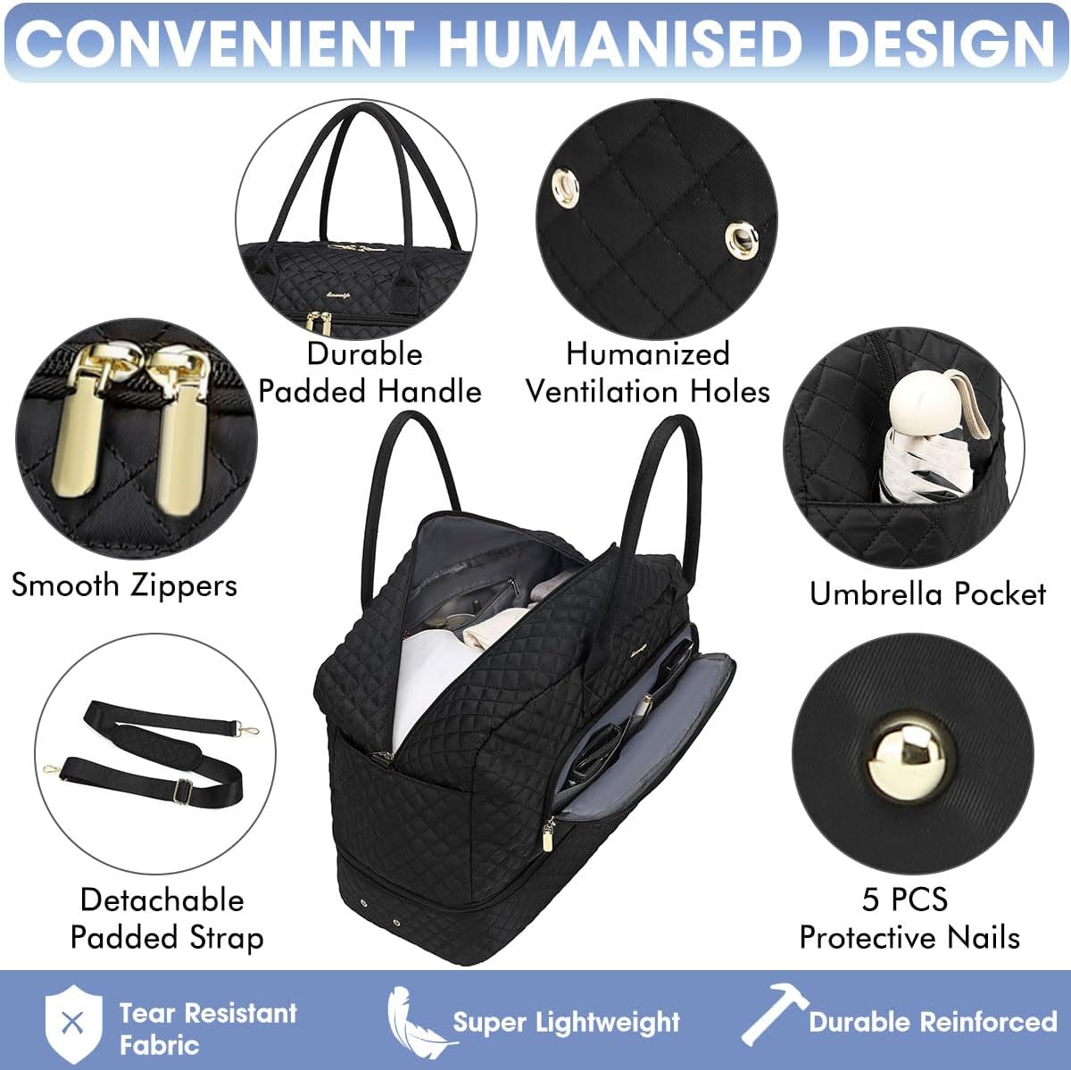 Detalle de LUOCIP Large Women Travel Duffle Bag with Wet Toiletry Pocket and Shoe Compartment (Black)
