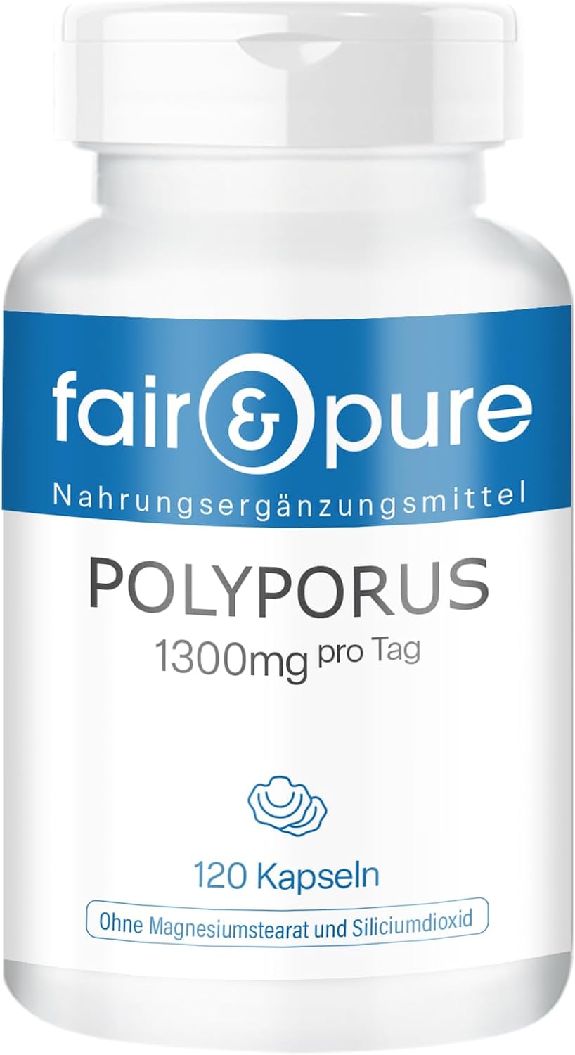 Detalle de Fair & Pure Polyporus 1300 mg – vegane Nahrungsergänzungsmittel, 120 Kapseln, hergestellt in Deutschland