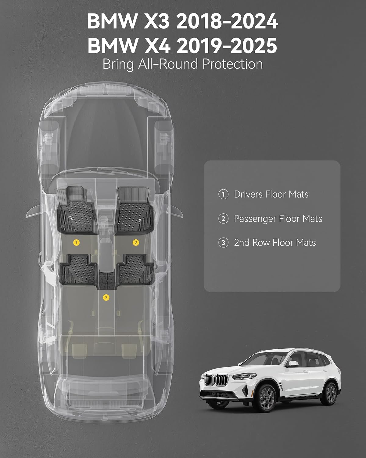 Thumbnail 2 de 3W All Weather Custom Fit Floor Mats for 2018-2024 BMW X3 & 2019-2025 BMW X4 (5-Piece) – Edge-to-Edge TPE Liners