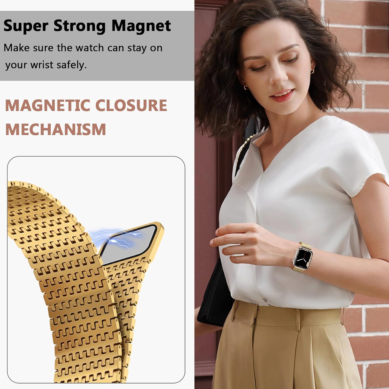 Thumbnail 5 de Anlinser Magnetic Stainless Steel Apple Watch Strap – Compatible 42–46mm (Gold)