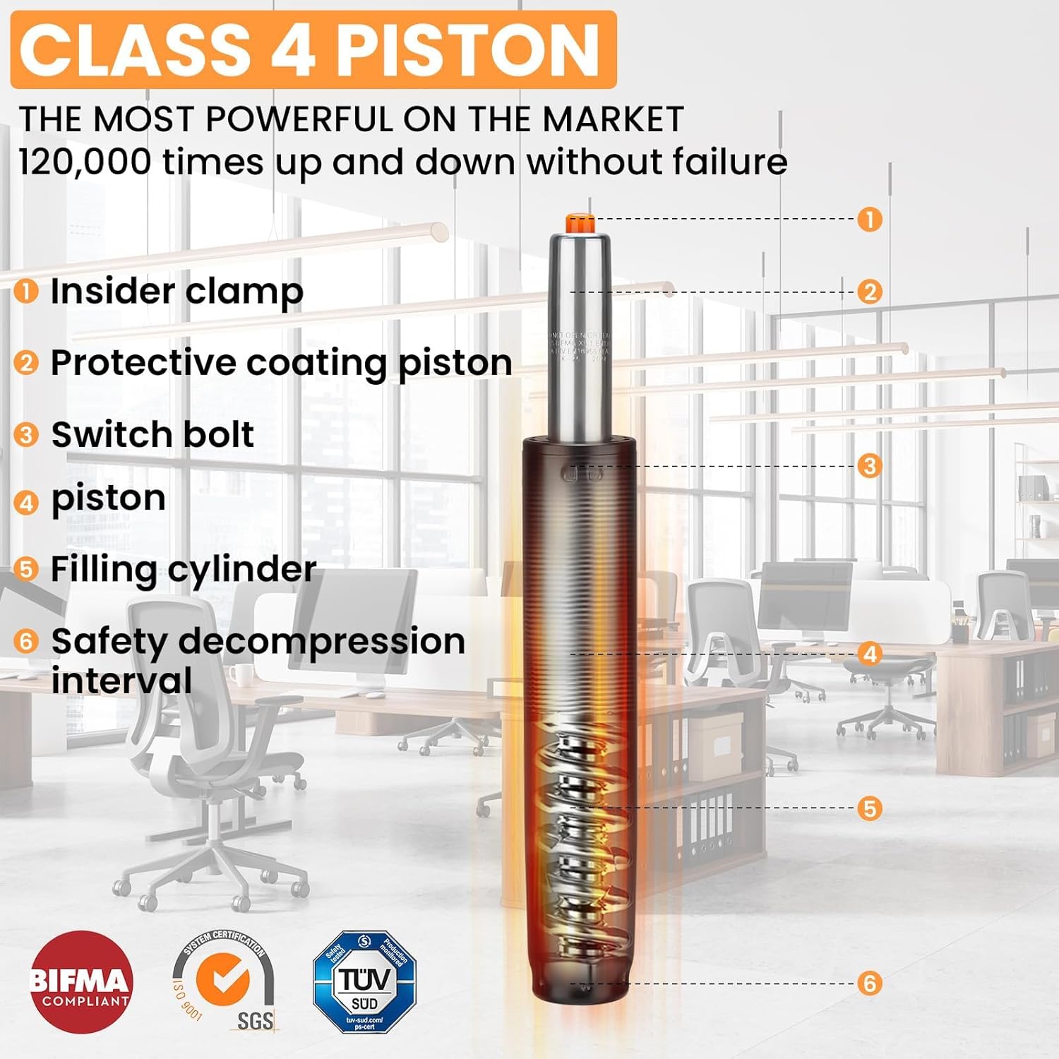 Detalle de Huiguli Pistone Sedia Ufficio Class 4 a Gas di Ricambio – 300–450 mm, Ø50/28 mm, rotazione 360°, capacità 450 kg, nero