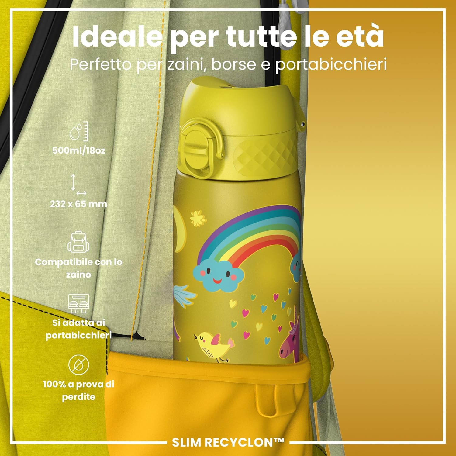 Detalle de Ion8 Borraccia 500 ml a prova di perdite – Unicorni Gialli, facile da aprire, lavabile in lavastoviglie e senza BPA