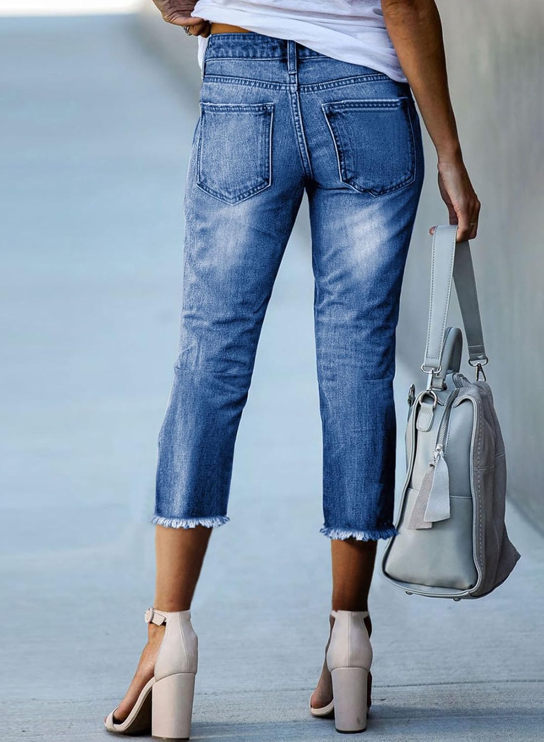 Thumbnail 1 de Sidefeel Women's Capri Jeans High Waisted Straight Leg with Raw Hem