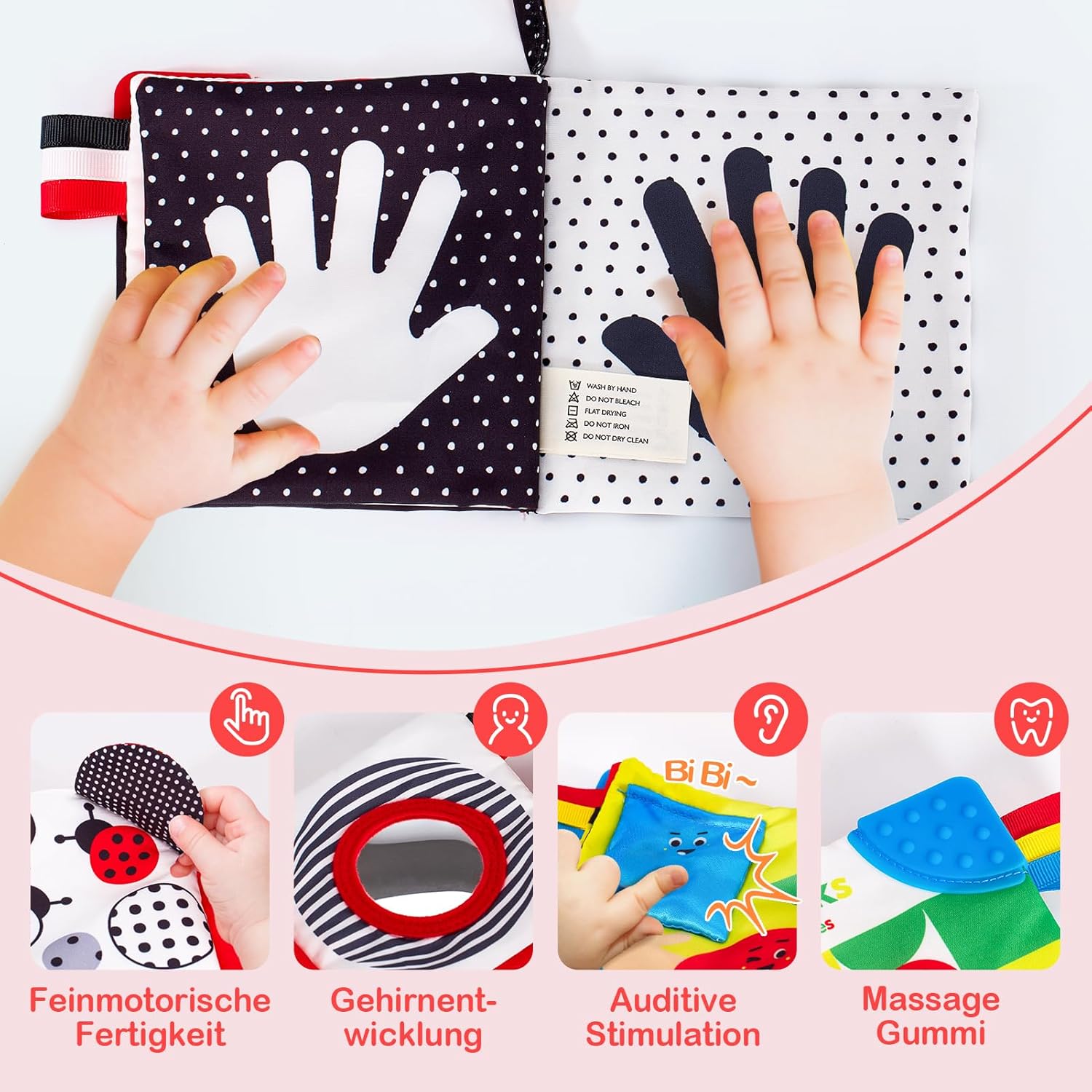 Detalle de hahaland Kontrastkarten Baby Stoffbuch Set (2-teilig) Schwarz-Weiß mit Spiegel, für 0–3/6 Monate