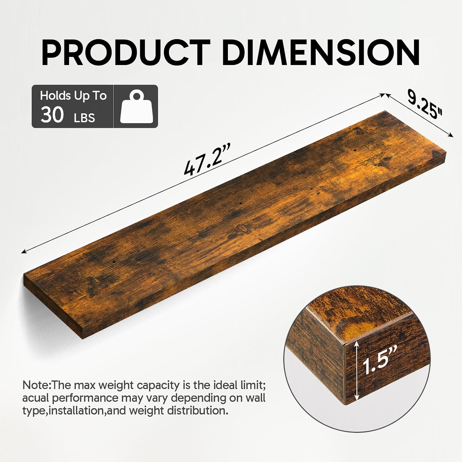 Detalle de BAYKA FSD3V143 Floating Shelves, 47.2-Inch Rustic Brown, Set of 2