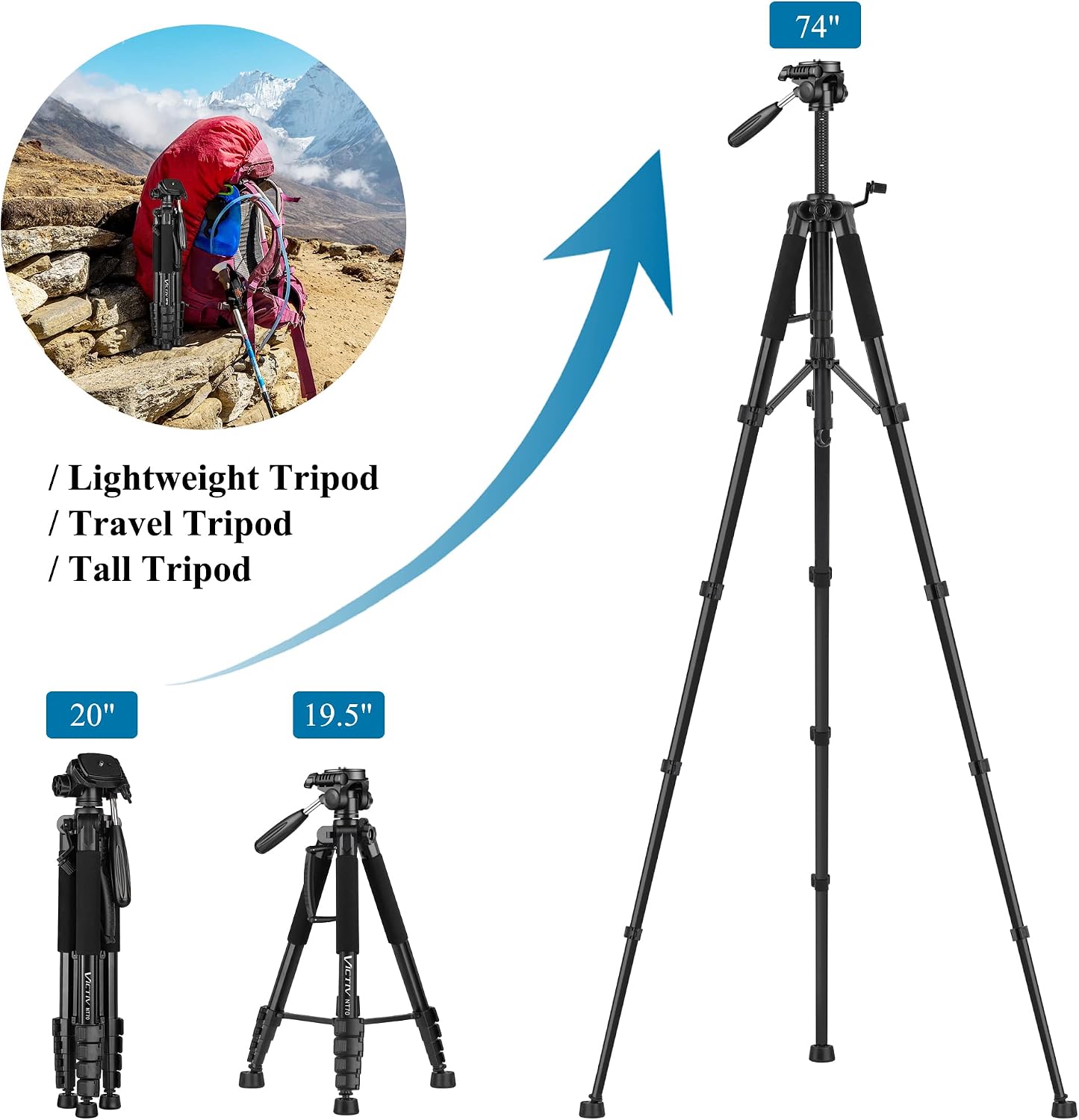 Detalle 2 de VICTIV 74” Camera Tripod with Phone Holder: Versatile Tall & Compact Stand