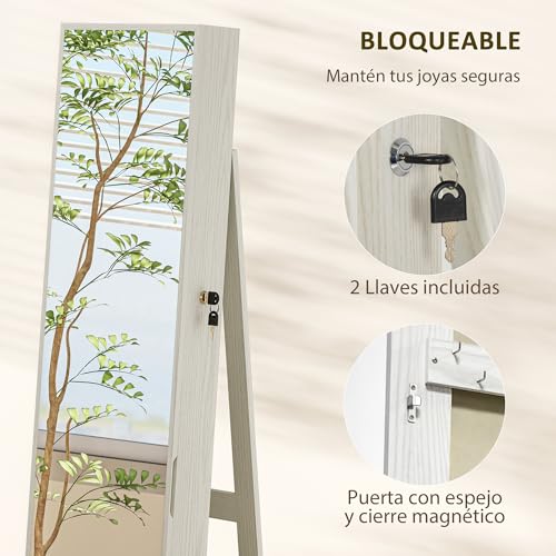 Detalle de HOMCOM Espejo Joyero de Pie con Luz LED y Cerradura – Armario de Joyas Blanco