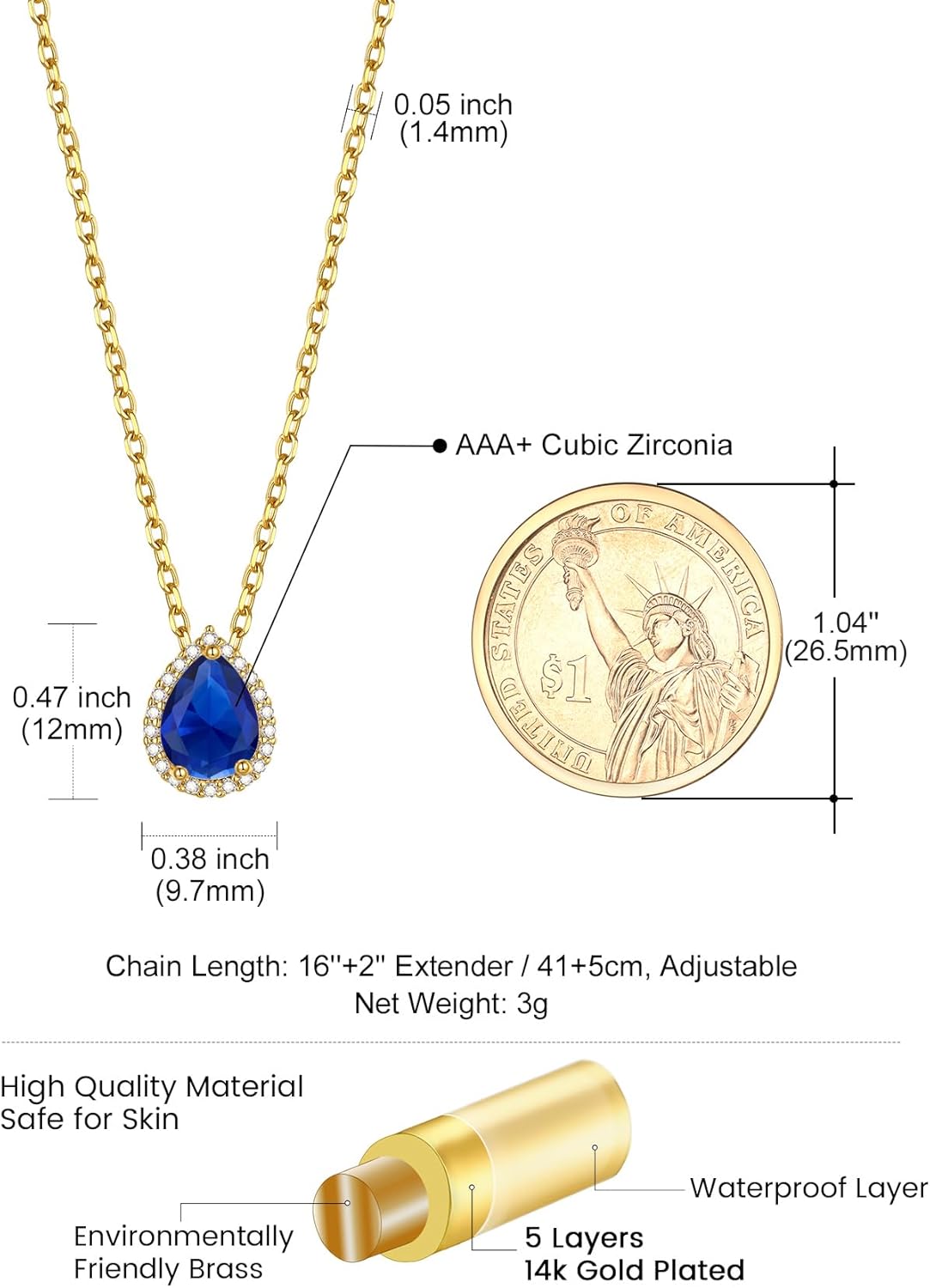 Detalle 2 de GoldChic Zirkonia Kette Damen mit Geburtsstein Anhänger – Rolokette aus Edelstahl, 41 cm