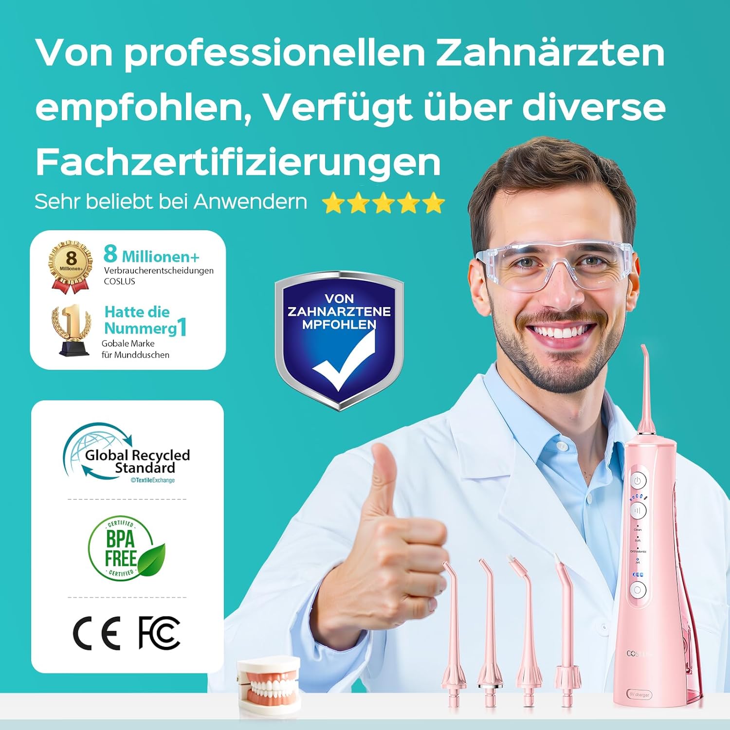 Thumbnail 4 de COSLUS C50 elektrische Munddusche kabellos mit 4 Modi, 20 Intensitäten, IPX7