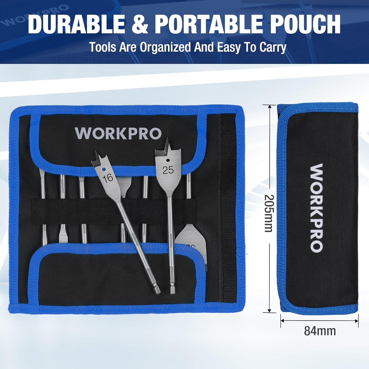 Thumbnail 4 de WORKPRO Set Punte da Trapano Piatte 8 Pezzi con Impugnatura Esagonale e Borsa Oxford – 6–32 mm