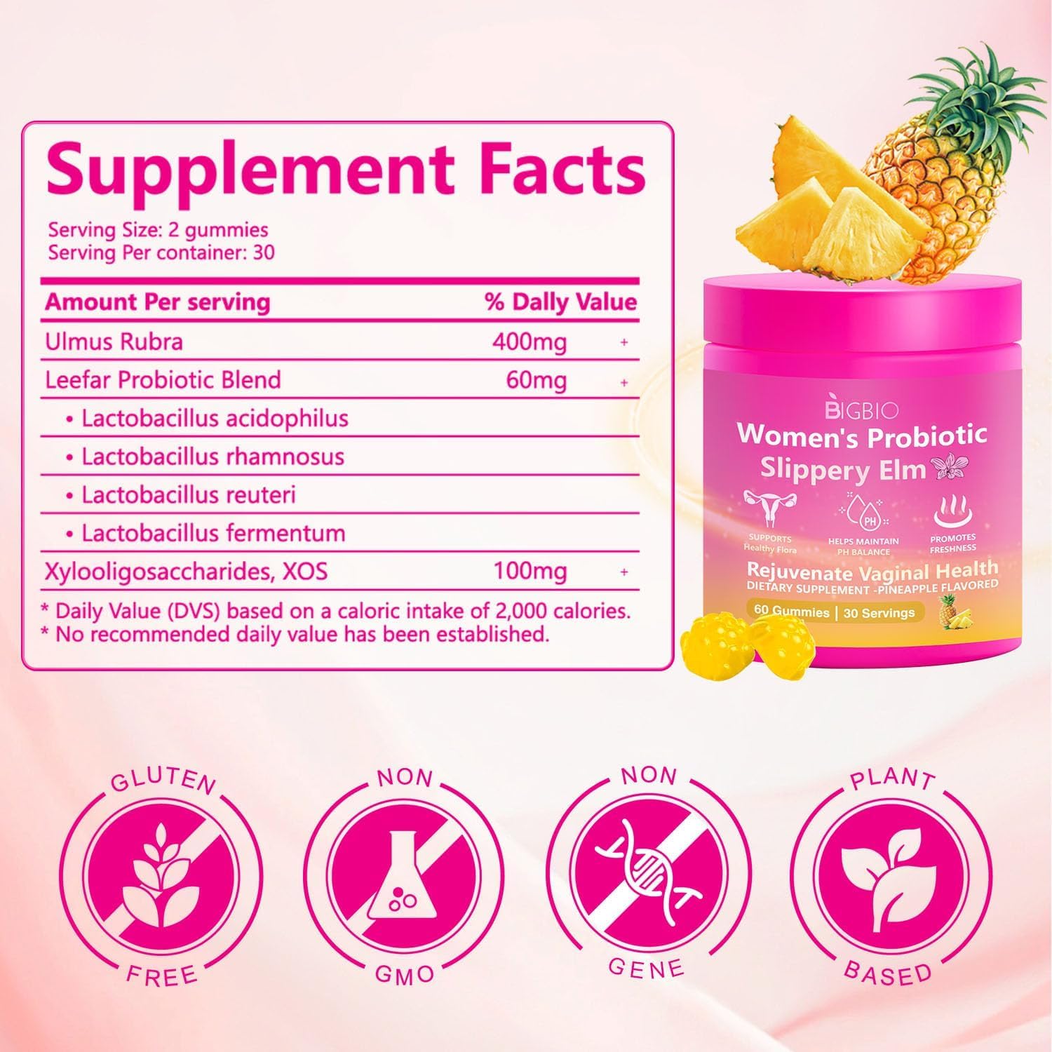 Detalle de BIGBIO Feminine Probiotics Gummies, Sugar-Free Pineapple, 60 Count