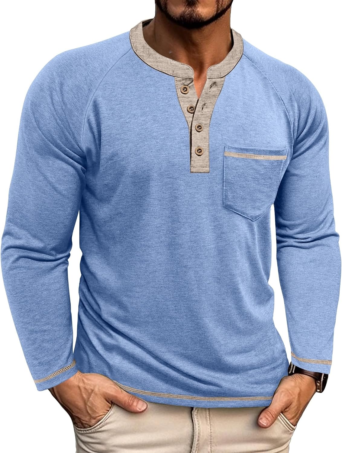Detalle 2 de Henley Shirt Herren Langarm Langarmshirt
