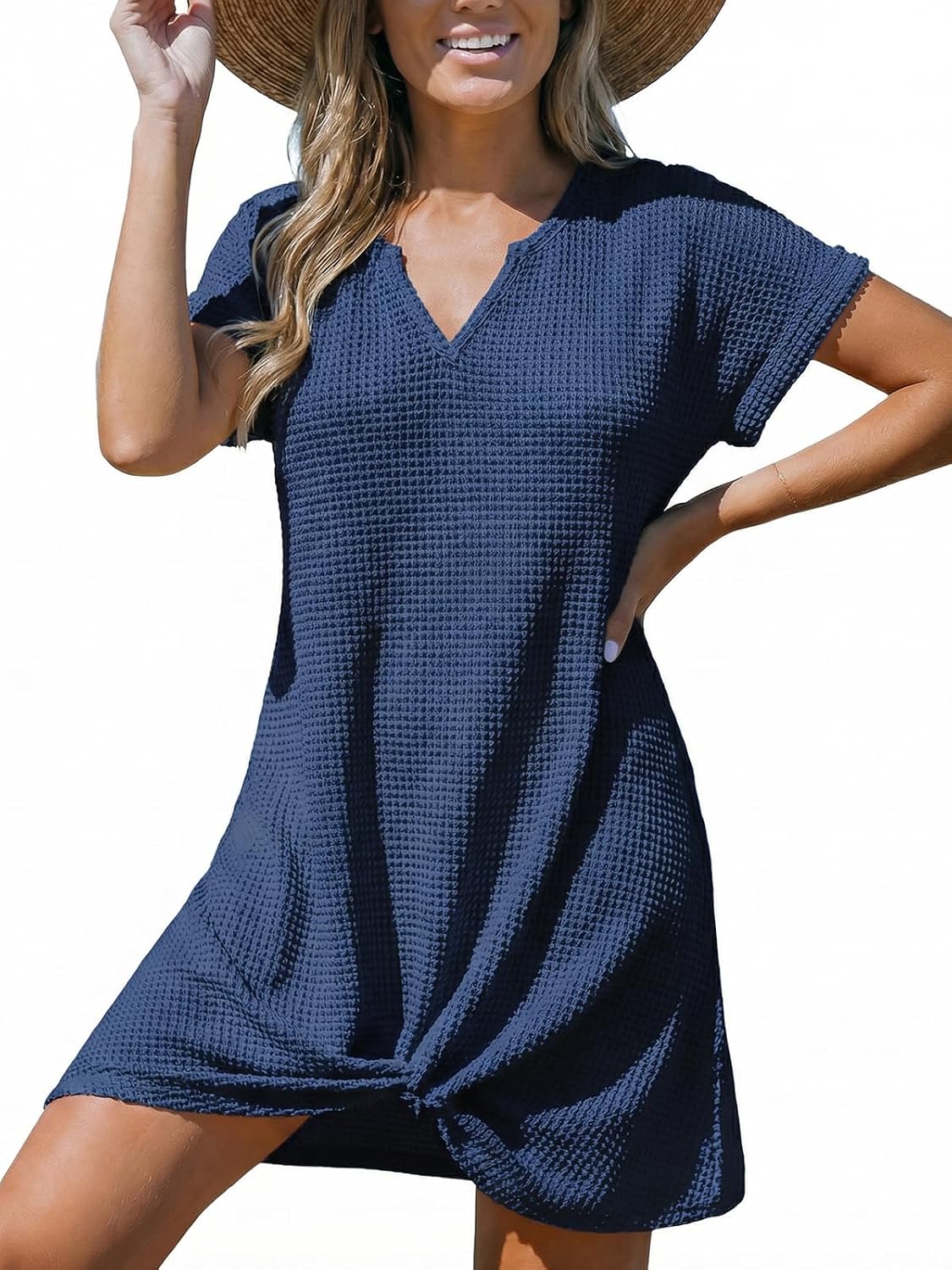 Detalle de Cupshe Costume da bagno da donna in maglia a nido d'ape con orlo torcito e maniche corte – copricostume estivo versatile
