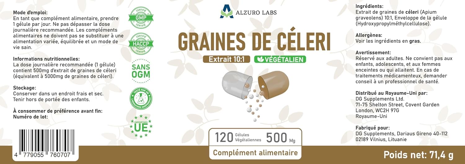 Thumbnail 5 de Alzuro Labs Extrait de graines de céleri 500 mg (10:1) – 120 gélules végétaliennes