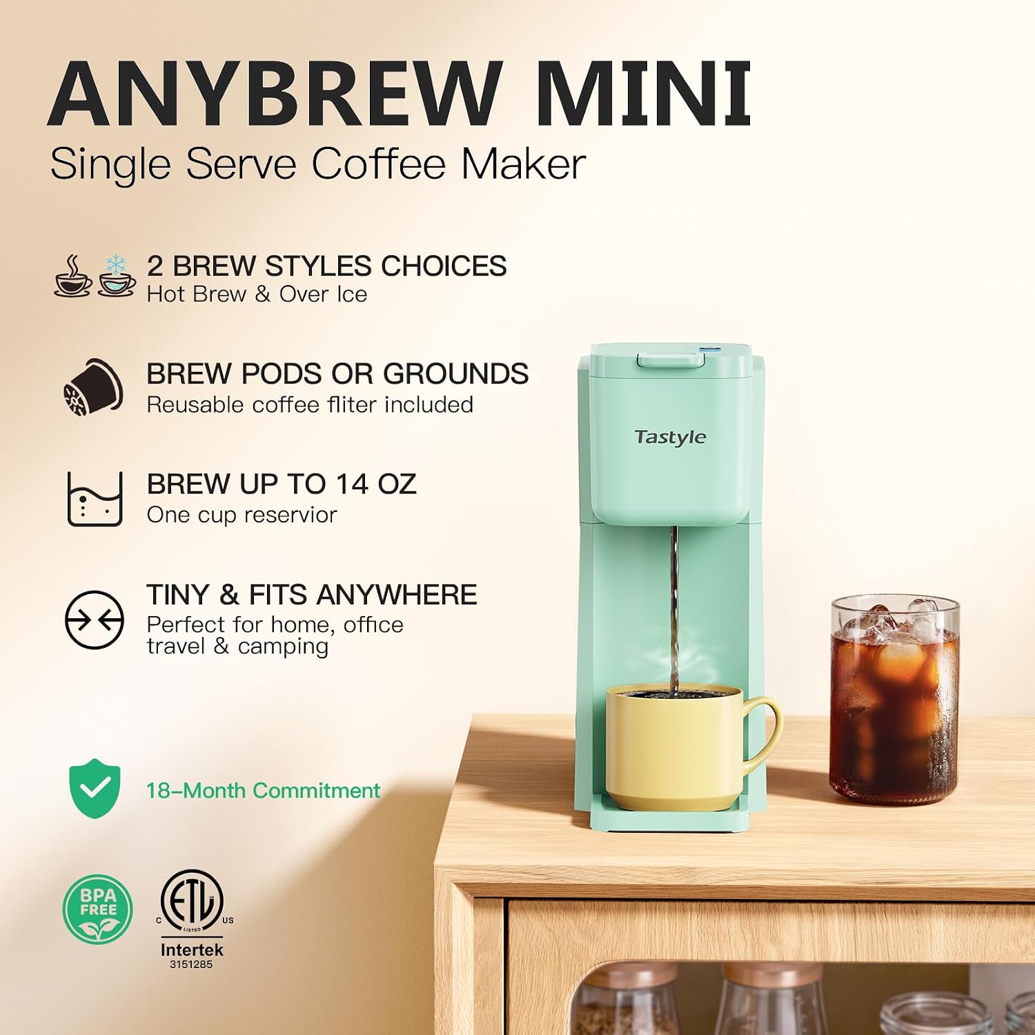 Detalle 2 de Tastyle Mini Hot and Iced Coffee Maker: 1-Serve, K Cup or Grounds, 6–14oz, Mint