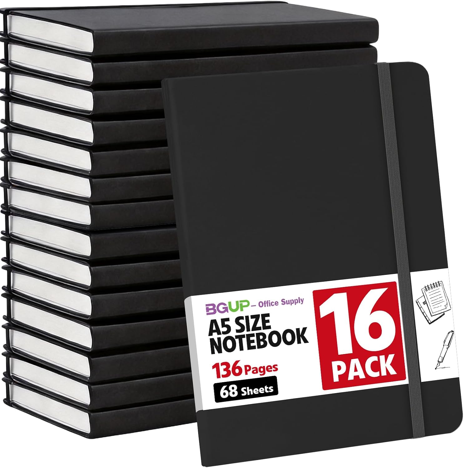 Detalle de BGUP 16-Pack A5 Hardcover Lined Notebooks, 136 Pages, Black