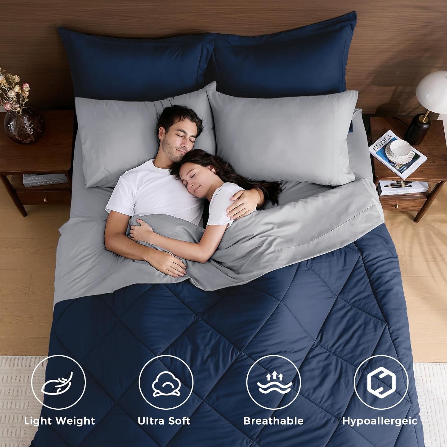 Thumbnail 1 de HEVUMYI Queen Comforter Set - 7-Piece All Season Bed in a Bag (Navy Blue & Light Grey)