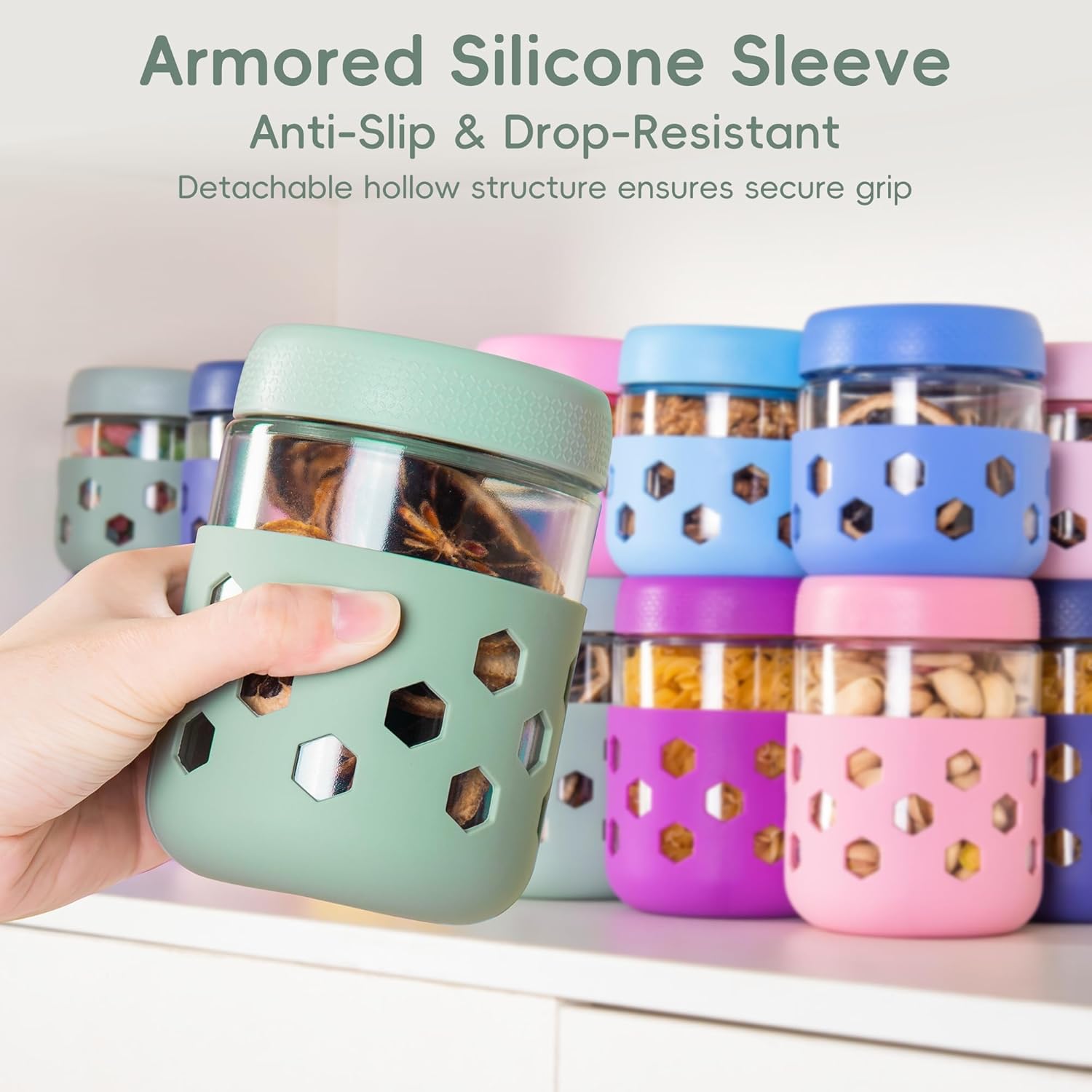 Detalle 2 de Gemice 6-Pack 16 oz Overnight Oats Containers with Lids and Silicone Sleeves (Glass Mason Jars)