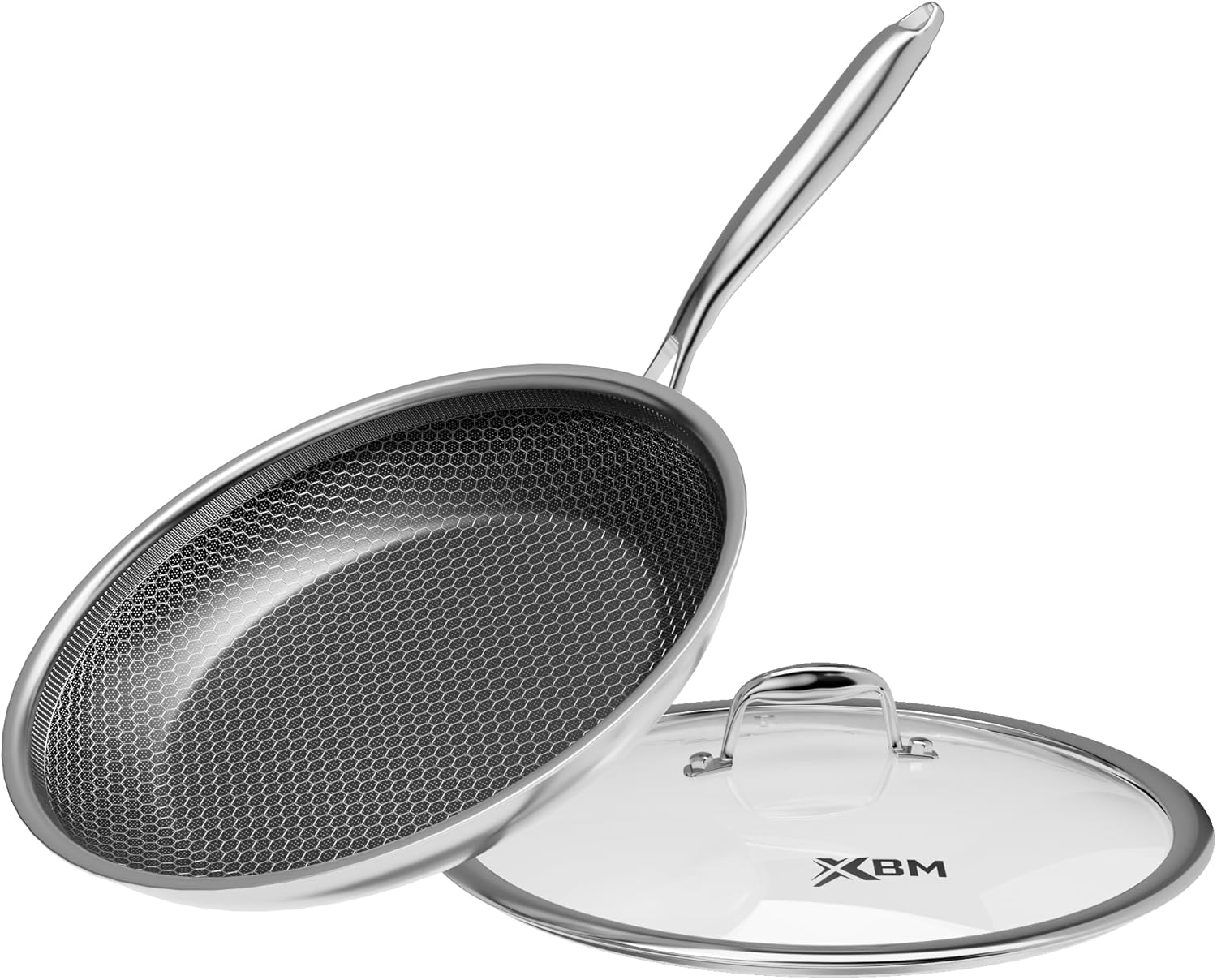 Detalle de XBM 12-Inch Nonstick Frying Pan with Lid: Durable Tri-Ply Stainless Steel for Healthier, Easy Cooking