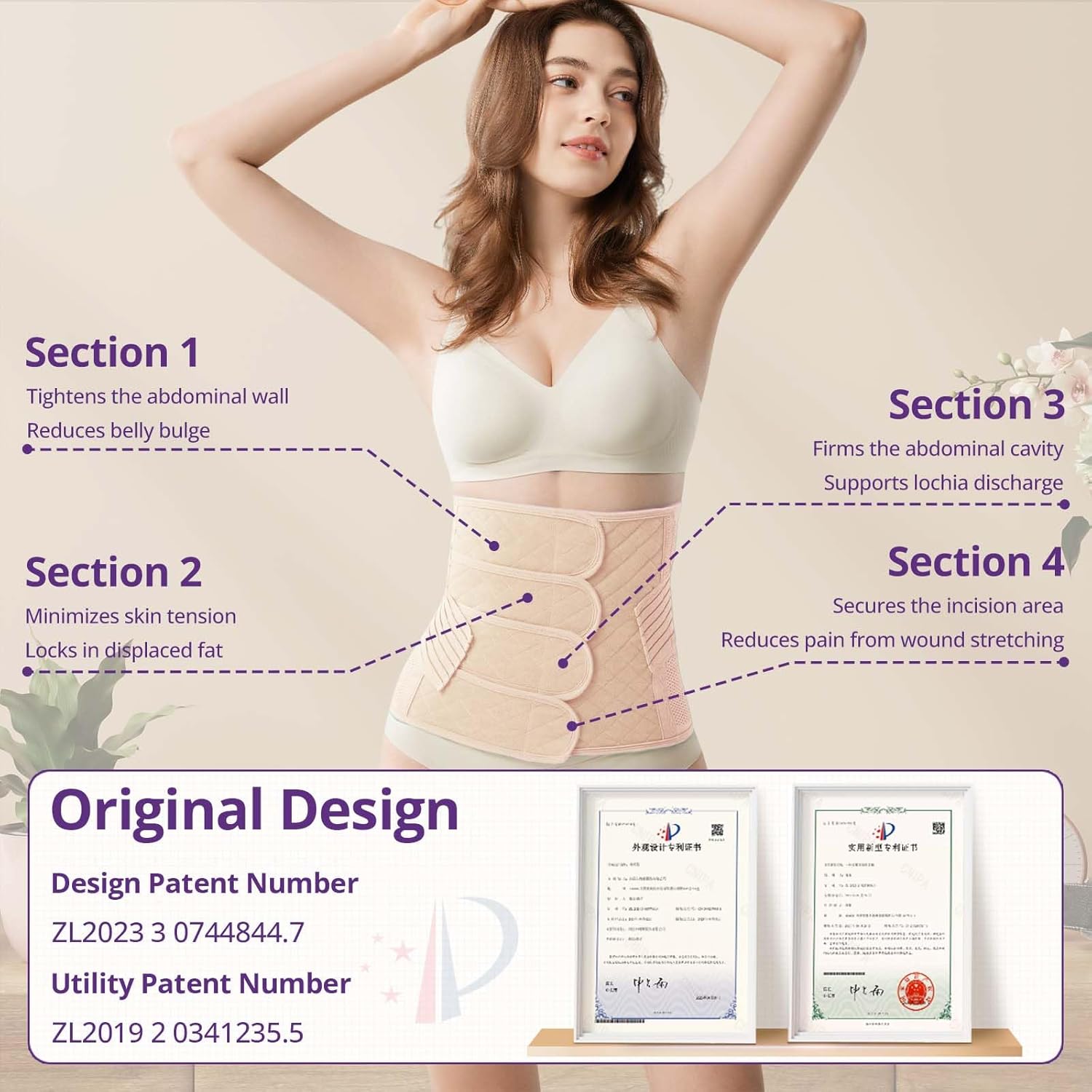 Detalle de JOYNCLEON Ceinture de Grossesse Post-Partum avec Bande Pelvienne – Ventre Plat et Soutien Abdominal Réglable (Beige, Medium, <50 kg) pour voie basse et Césarienne