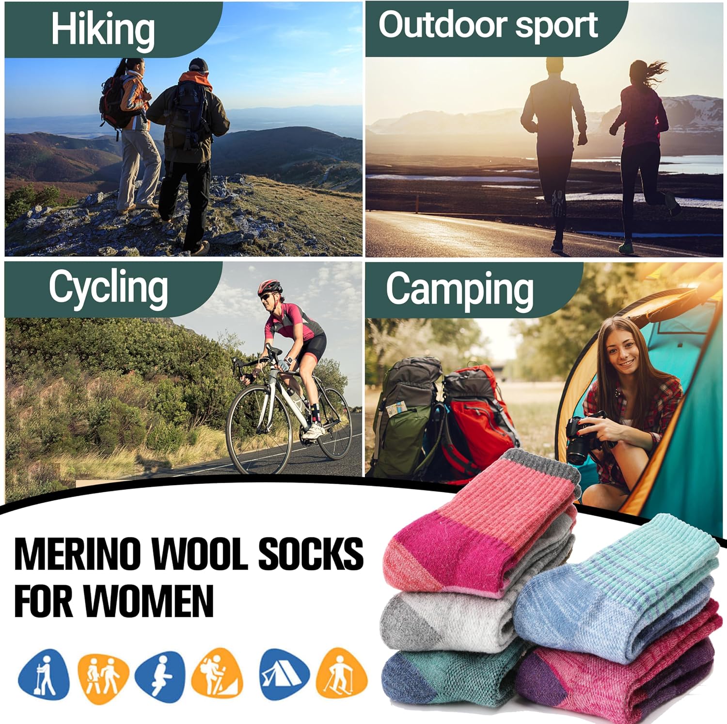 Thumbnail 6 de Anlisim Merino Wool Hiking & Running Socks for Women, 5 Pairs with Arch Support