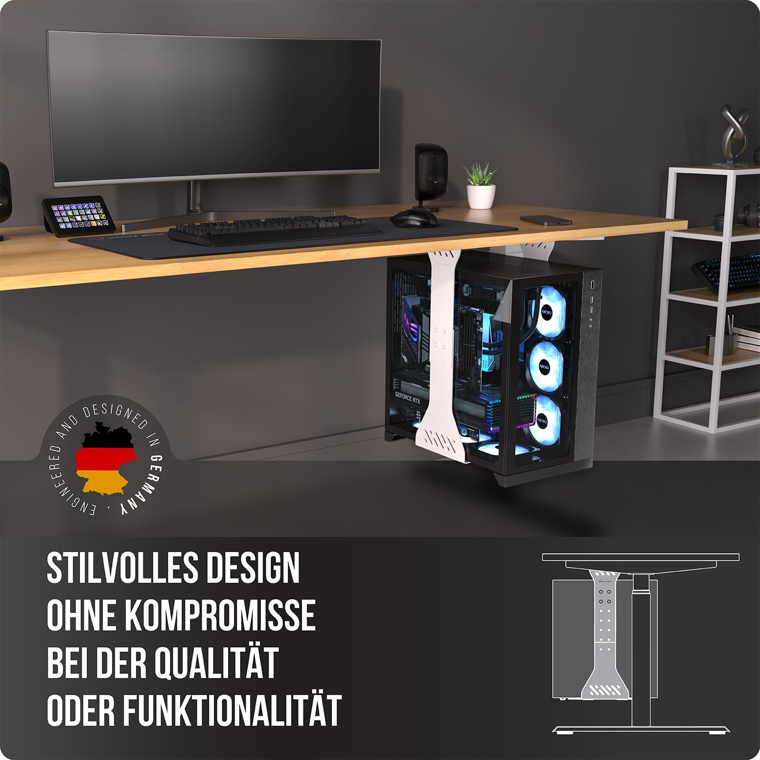 Detalle de PC Halterung unter dem Schreibtisch – Schwerlast-Tower-Halterung bis 35 kg (Weiß)