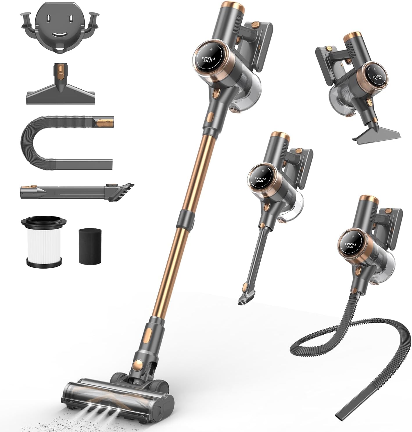 Detalle de NuYupo DHC100 Cordless Stick Vacuum Cleaner (10-in-1) with 45-minute runtime and touch screen (Gold)
