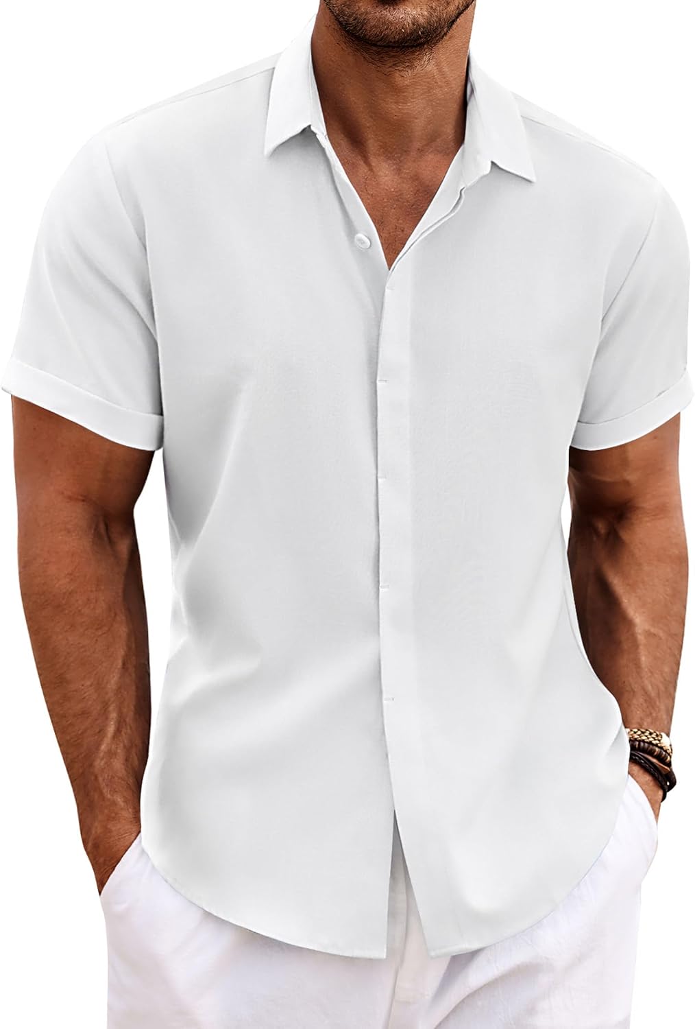 Detalle de COOFANDY Men's Linen Shirt Short Sleeve – Light Green, XL