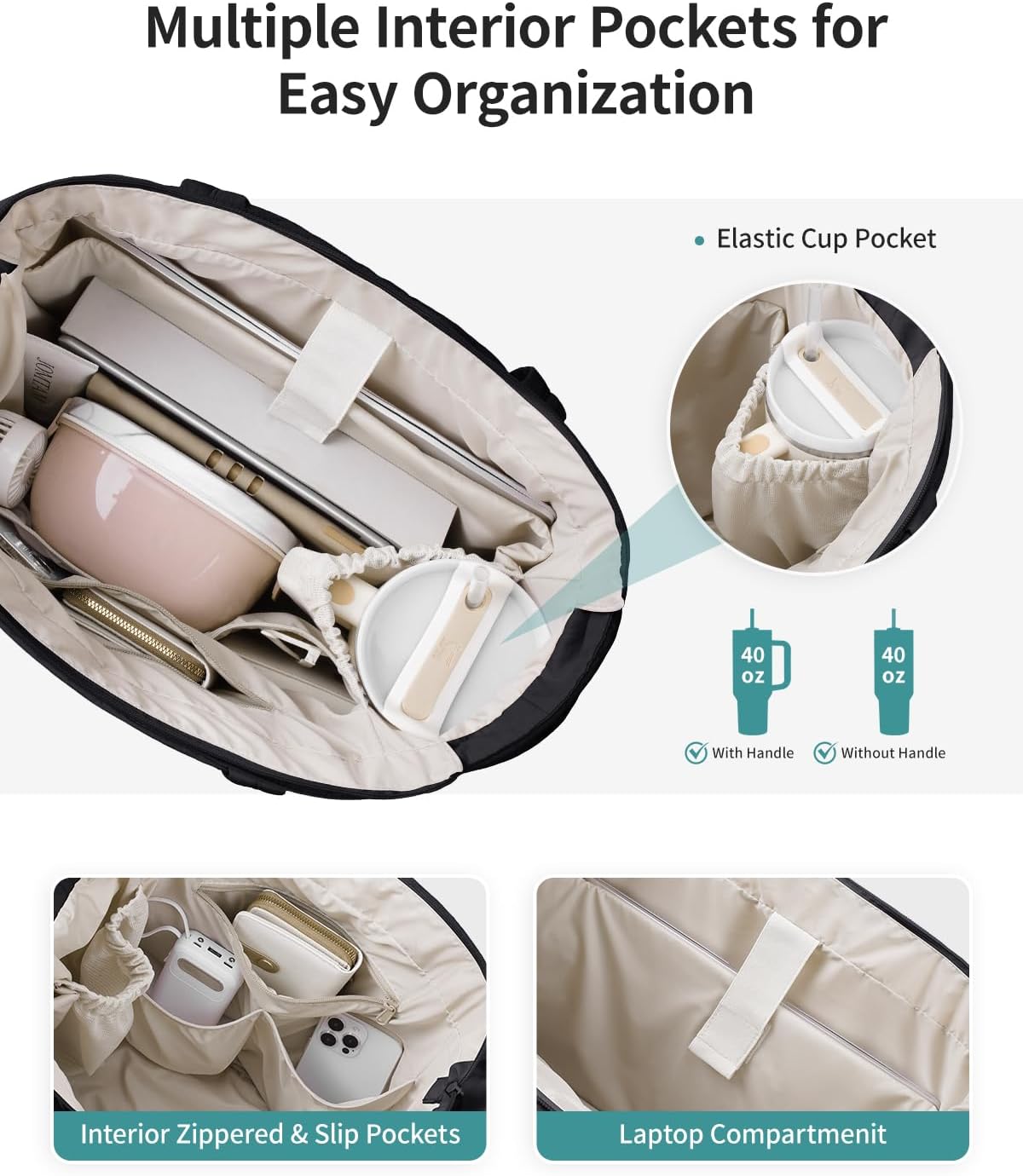 Thumbnail 5 de Narwey puffer tote bag for women with zip, laptop slot and tumbler holder
