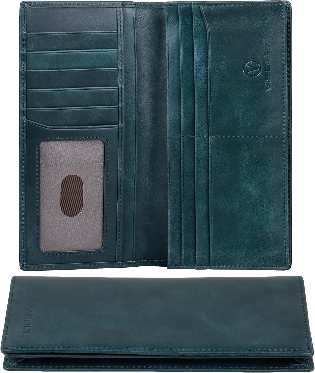 Detalle de VISOUL Portafoglio Lungo in Vera Pelle Blu 18,7 cm