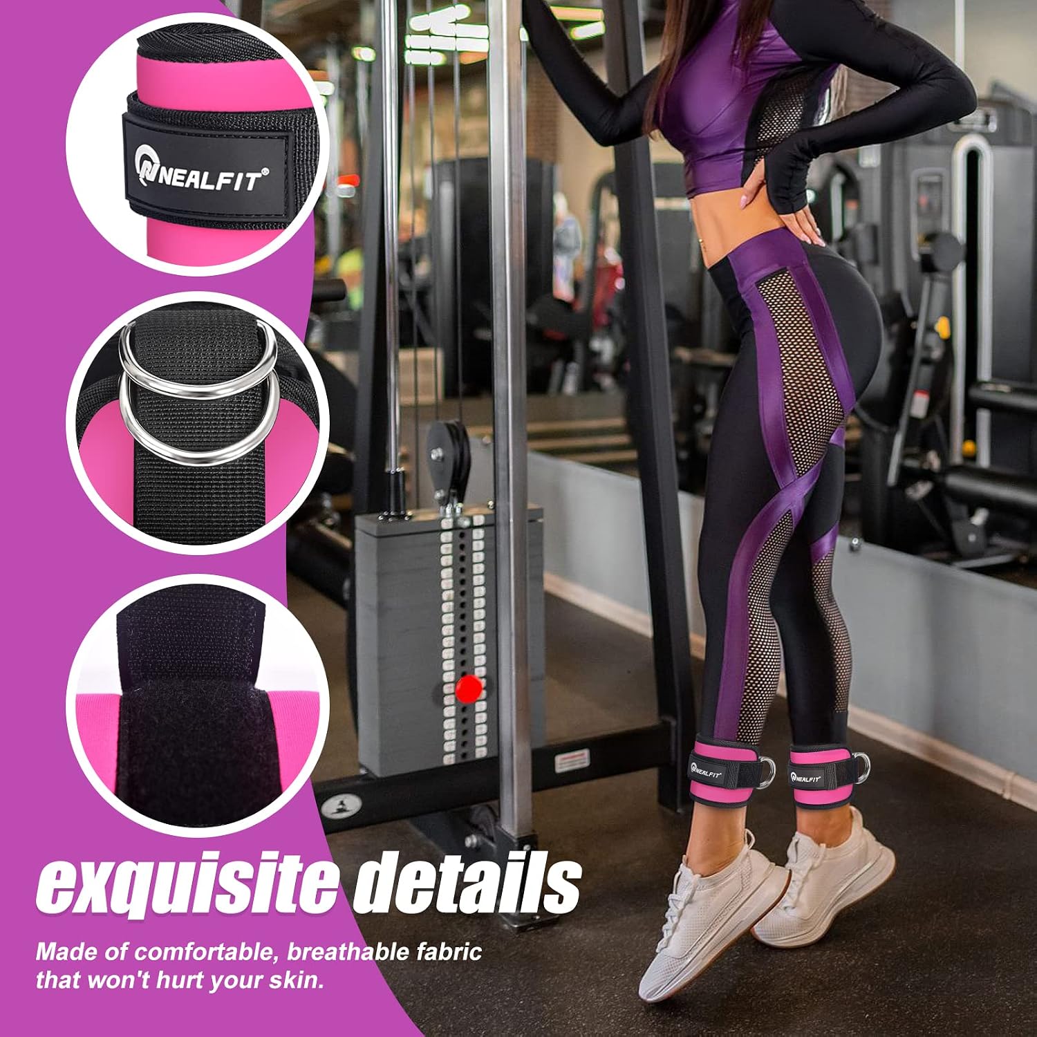 Thumbnail 3 de NEALFIT Ankle Straps for Cable Machines, Pink 7 mm Neoprene Pair