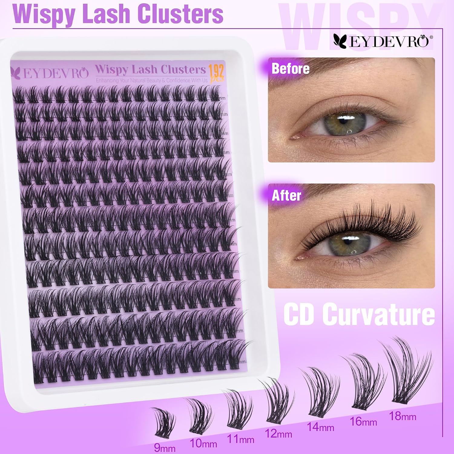 Thumbnail 5 de EYDEVRO Wispy Lash Clusters (Natural) — 192 PCS 9–18mm CD Curvature DIY Lash Extensions