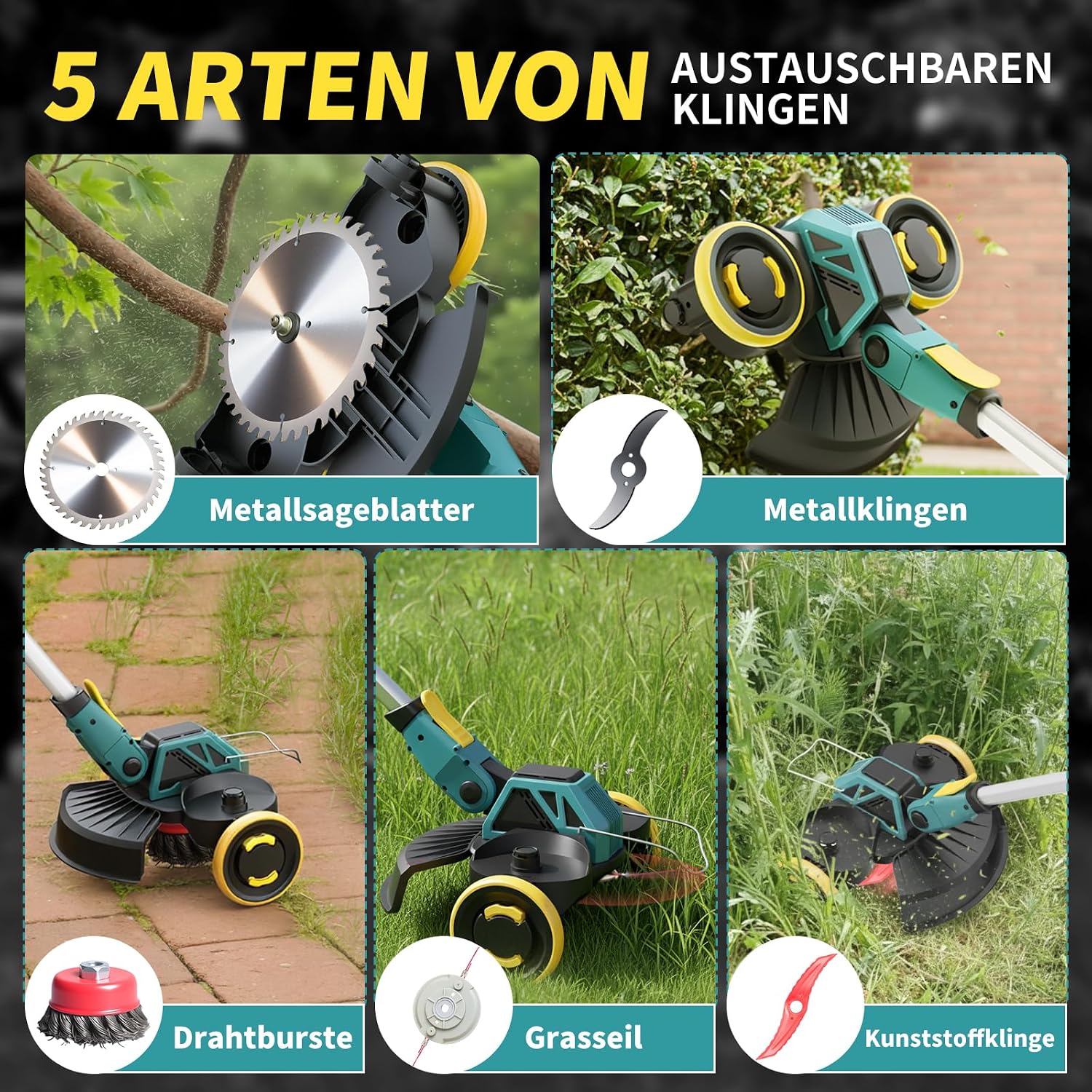 Thumbnail 1 de Akku-Rasentrimmer 21V (für Makita-Akkus) 900W bürstenlos, 5-in-1 mit Unkrautbürste und 2×4,0Ah