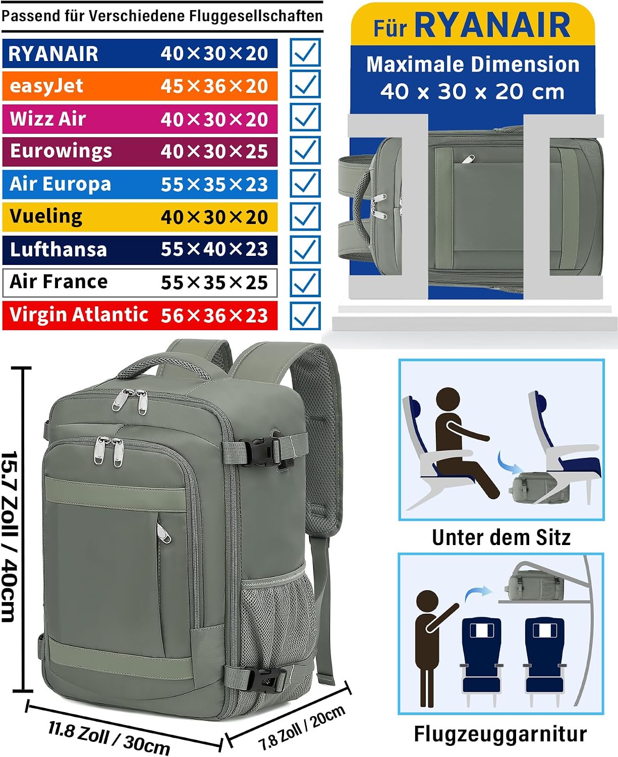 Thumbnail 1 de Handgepäck Rucksack 40x30x20 cm – 24L, Laptopfach, Grün