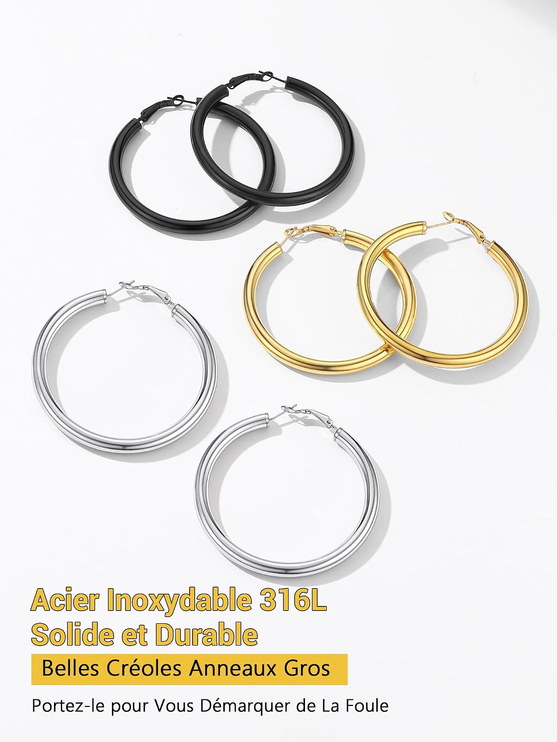 Thumbnail 6 de PROSTEEL Boucles d’oreilles créoles femme style 90s, acier inoxydable (20/30/40/60/80 mm) épaisses