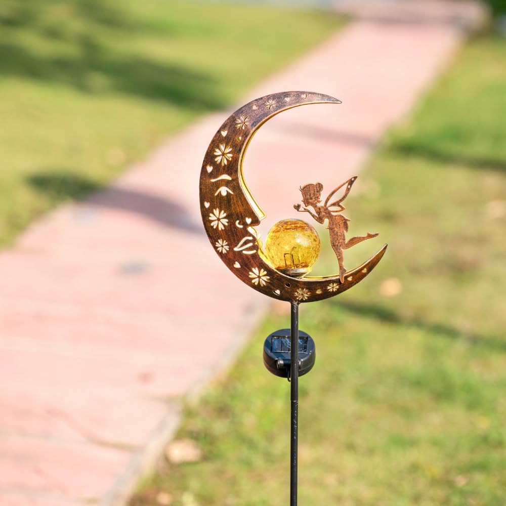 Thumbnail 6 de TERESA'S COLLECTIONS 100cm High Moon Solar Lights Outdoor Garden Fairy Stake with Warm LED & Crackle Glass Ball