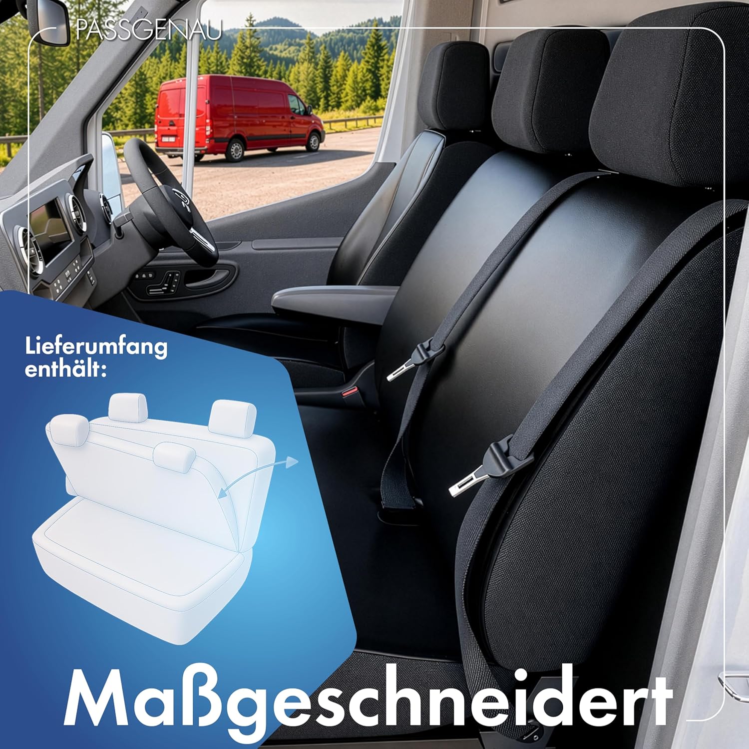 Detalle de Walser Transporter Sitzbezüge VW T6 – Doppelbank vorne klappbar, Kunstleder, passgenau
