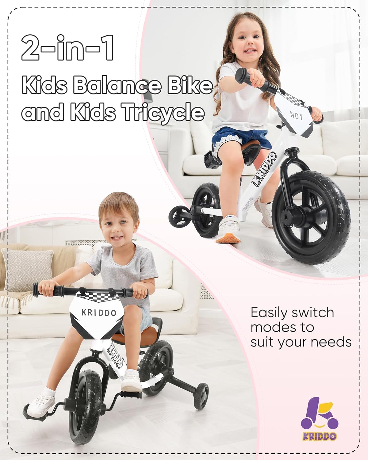 Thumbnail 1 de KRIDDO 2-in-1 Kids Tricycle and Toddler Balance Bike (2 Year Old) — Detachable Pedals & Stowable Training Wheels, White